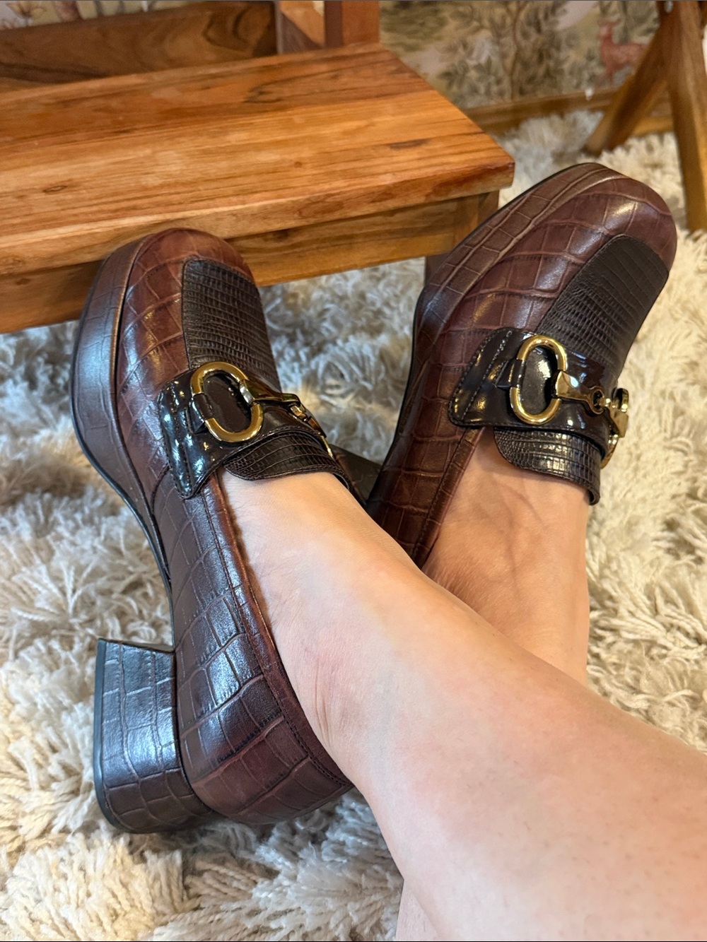 Jeffrey Campbell Brown Croc-Embossed Loafers / platforms with Gold Bit - Picture 4 of 12